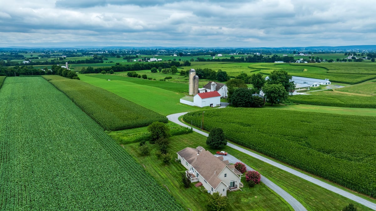 A peaceful countryside scene shows a farm with lush green fields and a red barn. A winding road leads to a charming house surrounded by trees and flowers under a cloudy sky.